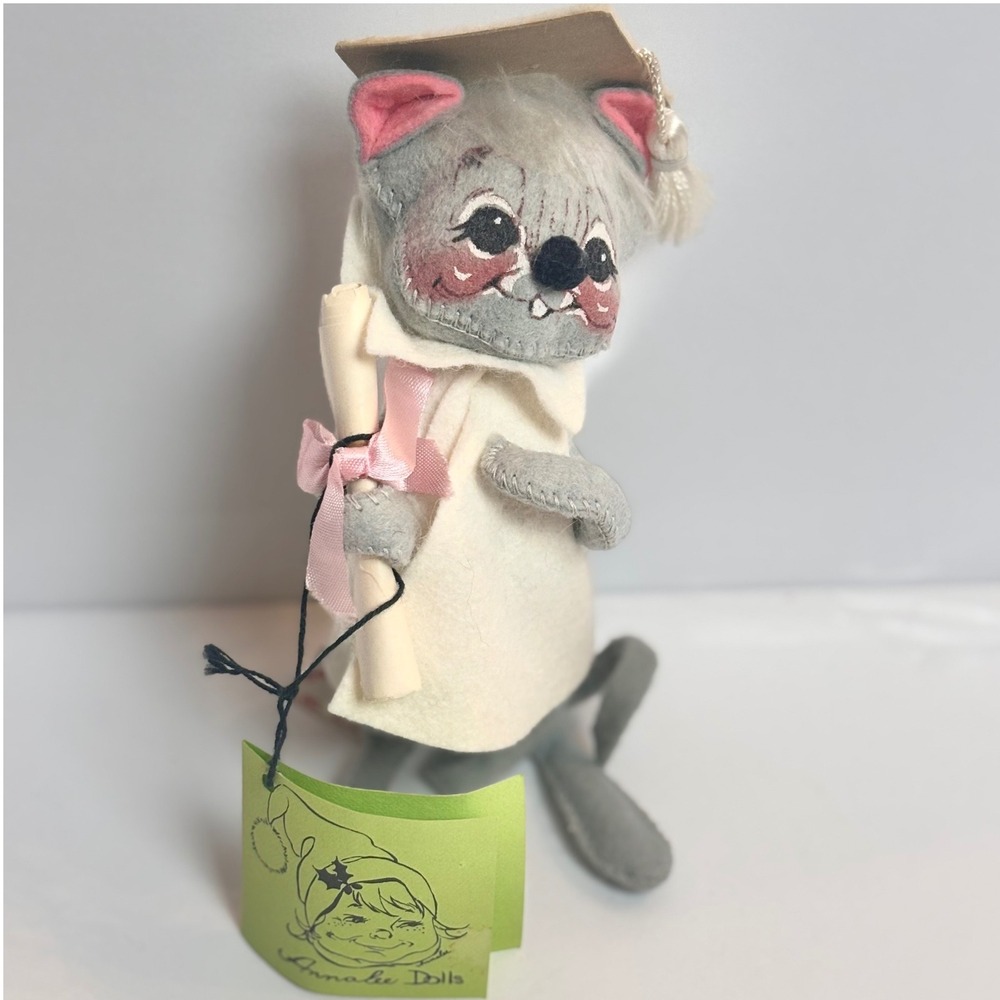Vintage Annalee‎ Graduation Mouse 7in Grey Felt 1965 USA Made with tag gift grad